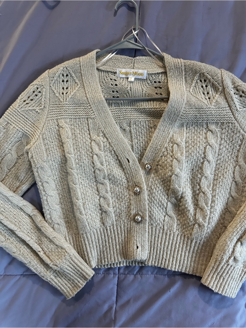 Cream Cable-Knit V-Neck Cardigan with Pearl Buttons